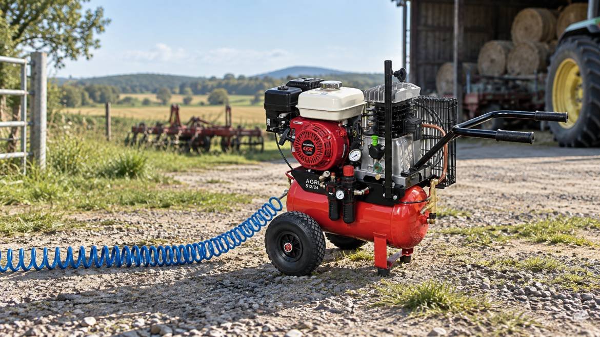 Mobilní benzínový pístový kompresor AGRI 515/24 při práci v zemědělském provozu.